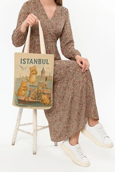 Çınar Bez Çanta Kanvas Simit Yiyen Kediler Baskılı Bez Çanta