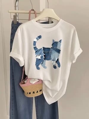 Mercoledi Denim Kedi Baskılı Oversize Bisiklet Yaka T-Shirt