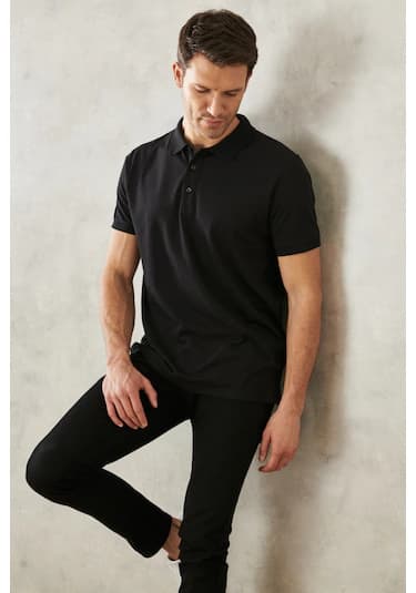 Ac&Co / Altınyıldız Classics 4A4820200047Sss3XL Düğmeli Polo Yaka Cepsiz Slim Fit Erkek Tişört - Siyah