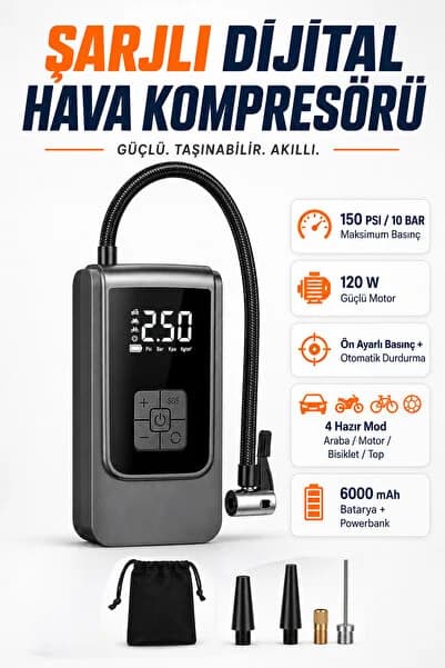 Dijital Ekranlı Şarjlı Araç Hava Kompresörü LEDli Powerbank Lastik Top Yatak Şişirme Pompası 150psi