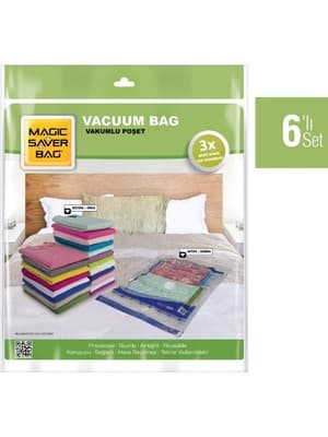 Magic Saver Bag Vakumlu Saklama Torbası Seti 6 Adet Farklı Boy Çift Kilitli Turbo Valf Şeffaf Ev ve Seyahat