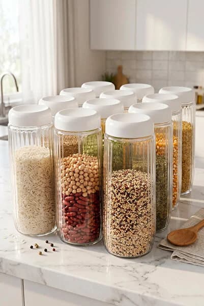 Homekolik 12’li Beyaz Kapaklı Uzun Cam Saklama Kabı Seti 1500 ml –Bakliyat/Makarna/Un-Şeker Saklama Kabı Seti