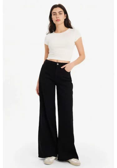 Defacto Wide Leg Normal Bel Standart Boy Gabardin Pantolon E4381ax26spbk81 Siyah-bk81