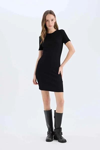 Defacto Bodycon Vücudu Saran Bisiklet Yaka Fitilli Kaşkorse Kısa Kollu Mini Elbise E7231AX25SP