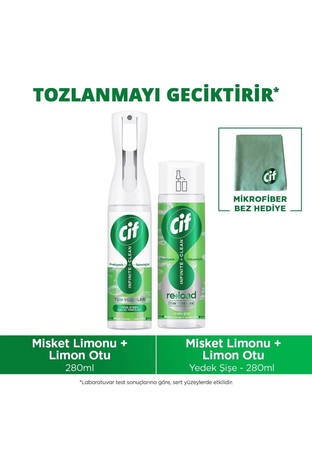 Cif Infinite Clean Sprey Misket Limonu & Limon Otu 280 ml x1 Yedek Şişe 280 ml x1 Mikrofiber Bez Hediye