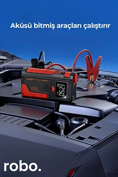 ROBO Süper 4'lü Şarjlı Akü Ateşleyici Lastik şişirici Powebank Led ışık 150Psi Yüksek basınçlı Kırmızı