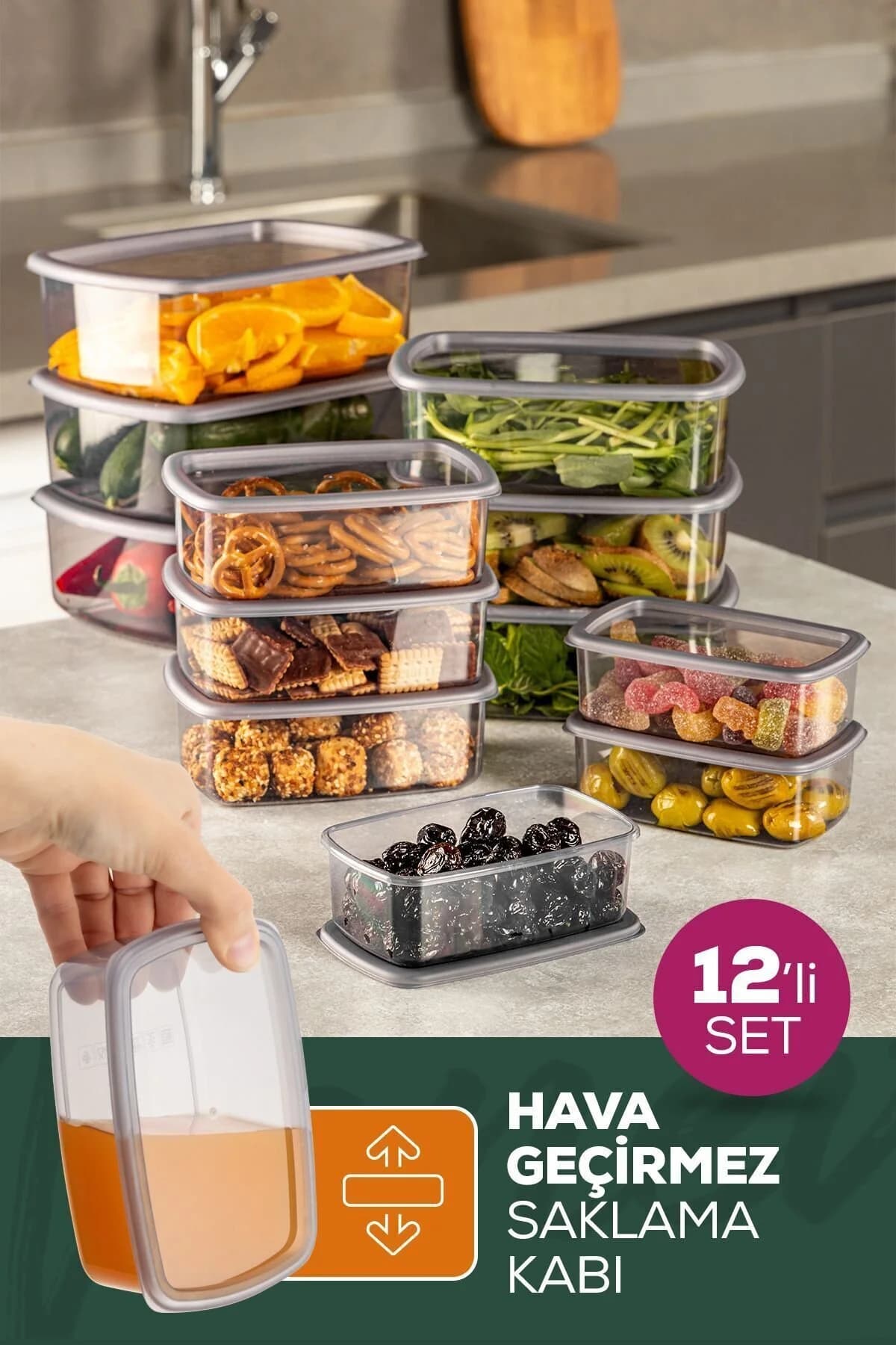 Vienev 12'li Hava Geçirmez Saklama Kabı Seti Antrasit 3x(250-500-750-1200 ML)