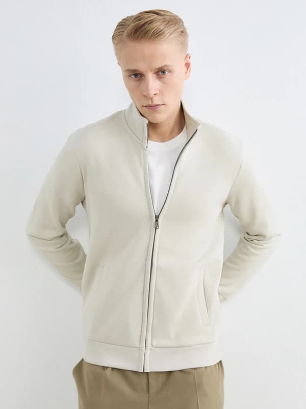 Standart Fit Dik Yaka Erkek Fermuarlı Sweatshirt