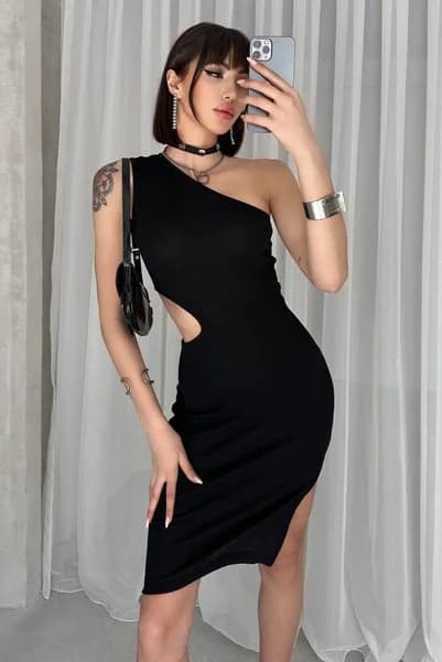 New Now CUT OUT DETAYLI TOPARLAYICI FİTİLLİ KAŞKORSE KUMAŞ TEK OMUZ ELBİSE