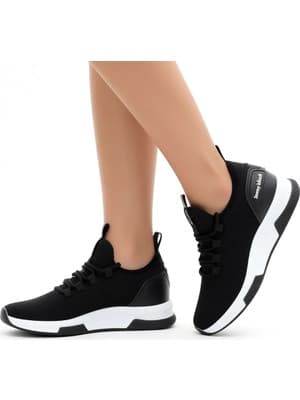Tonny Black Unisex Siyah Beyaz Nefes Alabilen Kumaş Poli Taban Bağcıklı Spor Ayakkabı Düz Taban