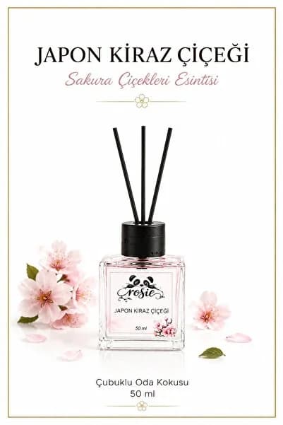 Rosie Japon Kiraz Çiçeği Çubuklu Oda Kokusu, Premium Cam Şişe, Kalıcı Ortam Kokusu, Dekoratif Reed D
