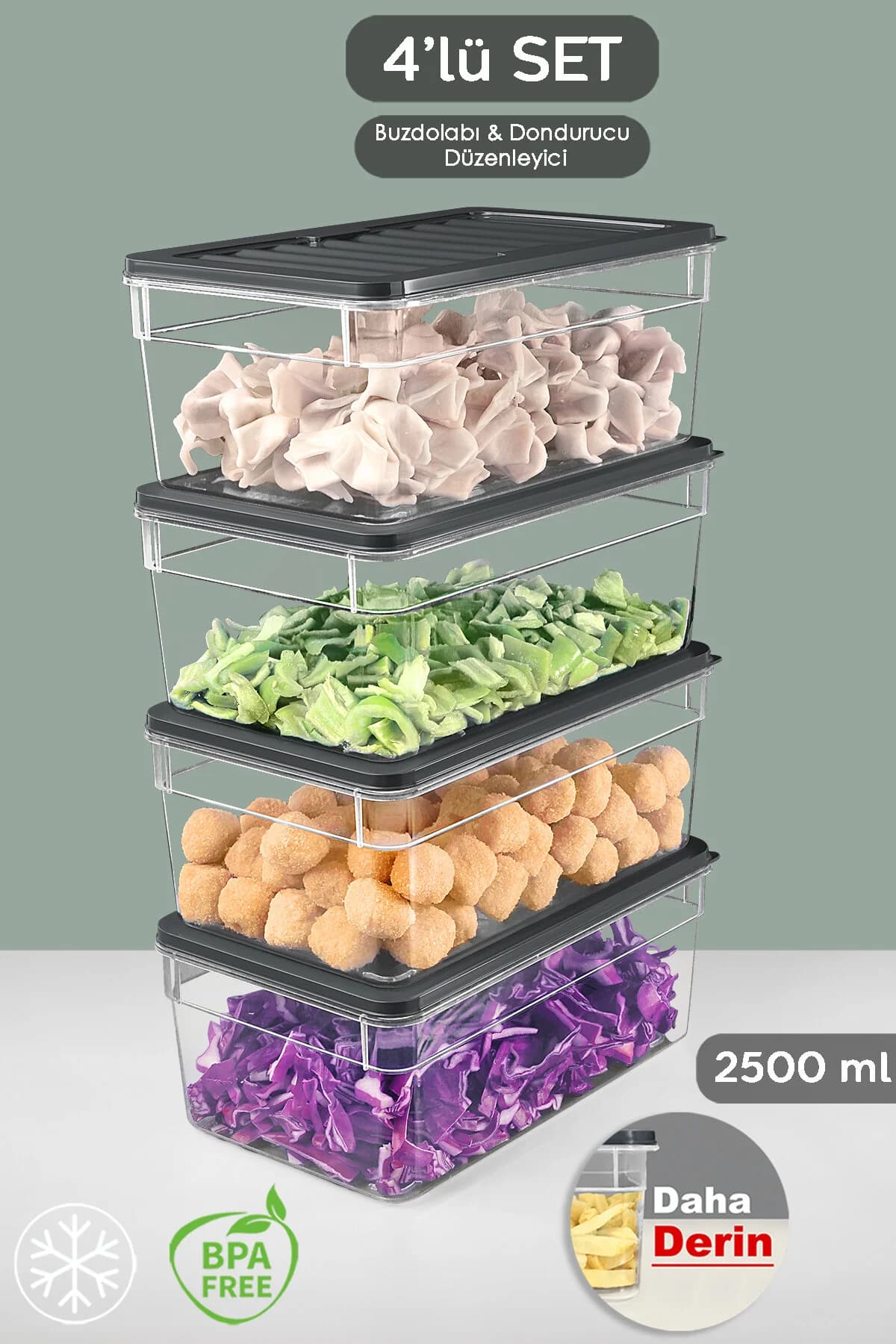 Meleni Home 4'lü Derin Buzdolabı Organizer Set Düzenleyici Saklama Kabı Mikrodalga Difriz Kabı 2500ml Antrasit