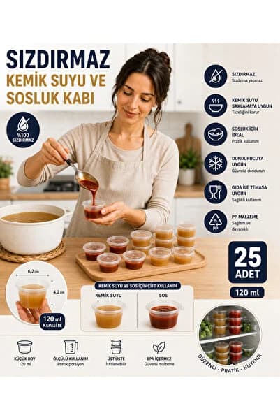 Sosluk sızdırmaz (25) adet 120 ml mini saklama kabı et suyu , kemik suyu , buzluk ve sos kabı