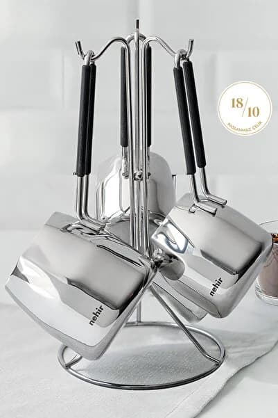 Nehir Modern 4 Parça Standlı Paslanmaz Çelik Cezve Seti