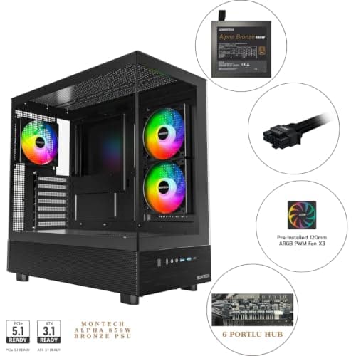 Montech XR Cam Panel Oyuncu Kasası Siyah + Alpha 80+ Bronze 850W ATX 3.1 Gen5.1 PSU + 6 Port Fan & ARGB Kontrolcü