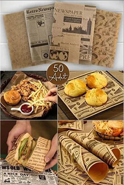 Kitchen Beauty Kendinden Desenli Yağlı Kağıt | 50 Adet Vintage Gazete Desen Sunum Kağıdı | Karışık Desen