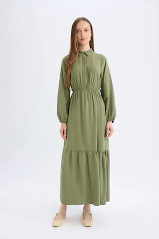 Defacto Gömlek Yaka Basic Düz Düğmeli Beli Büzgülü Uzun Kollu Maxi Elbise D5851AX24AUKH450 Haki