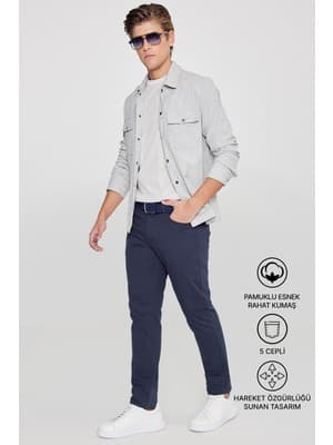 Altınyıldız Classics Erkek Lacivert Diz İzi Yapmayan Slim Fit Dar Kesim 5 Cep Pamuklu Kanvas Esnek Chino Pantolon
