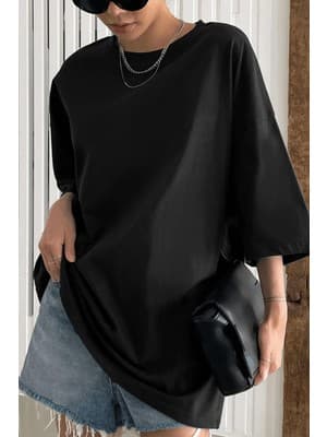 Millionaire Kadın Siyah Basic Oversize T-Shirt Truvakar Kol Günlük Stil Pamuk Malzeme