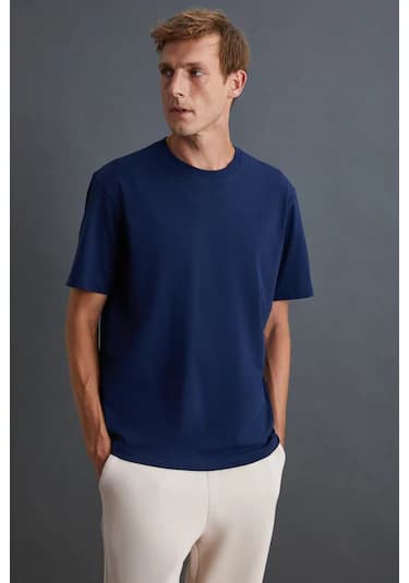 Grimelange Solo Erkek %100 Organik Pamuklu Kalın Dokulu Comfort Fit Bisiklet Yakalı Lacivert T-shirt Lacivert