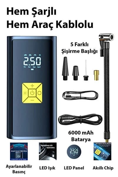 Ally ST-9620B Dijital Led Işıklı Taşınabilir Şarjlı Araç Lastik Hava Şişirme Pompası SİYAH