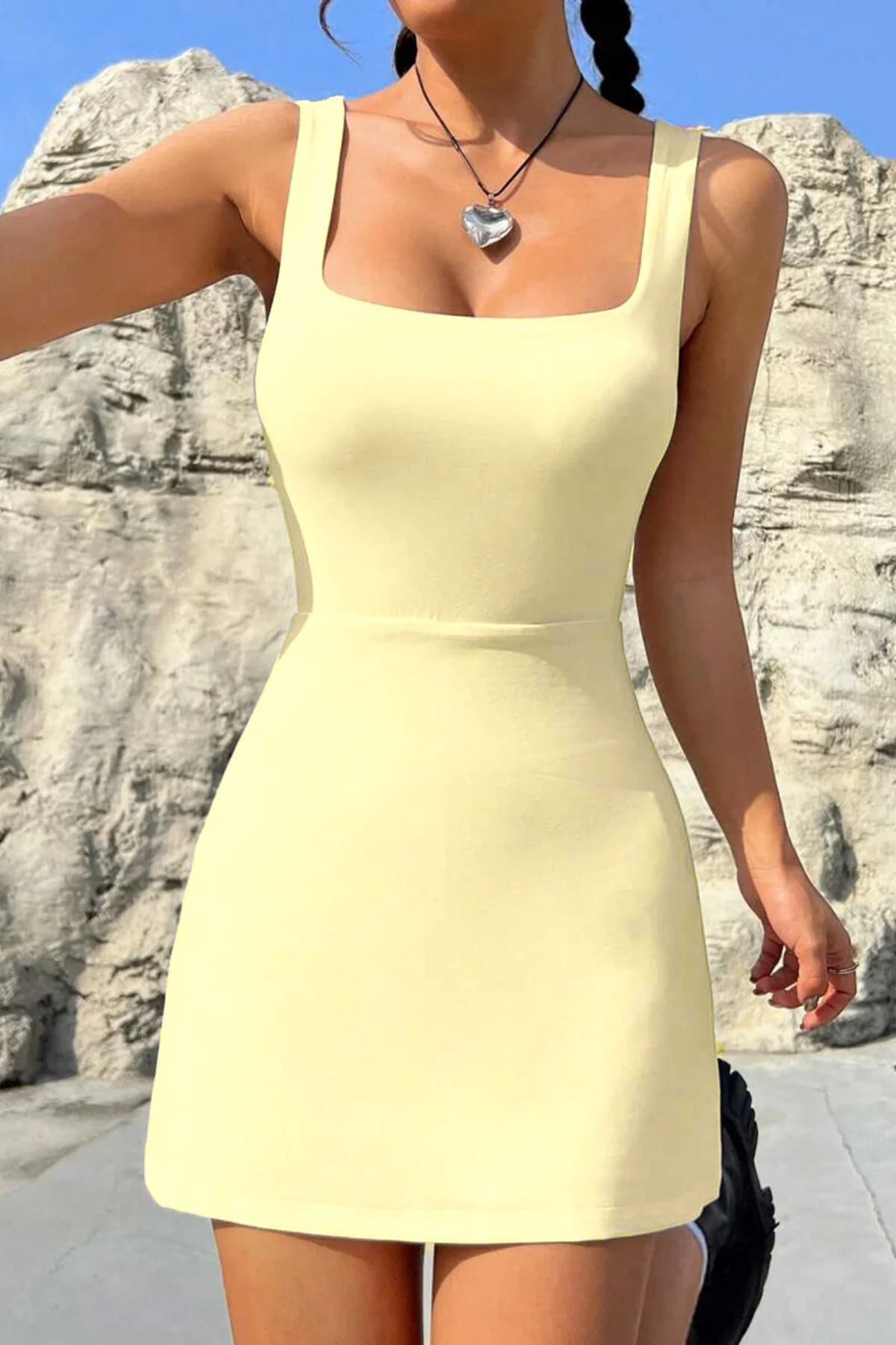 World Fashion Trends Askılı Kare Yaka Şortlu Mini Elbise JT7066