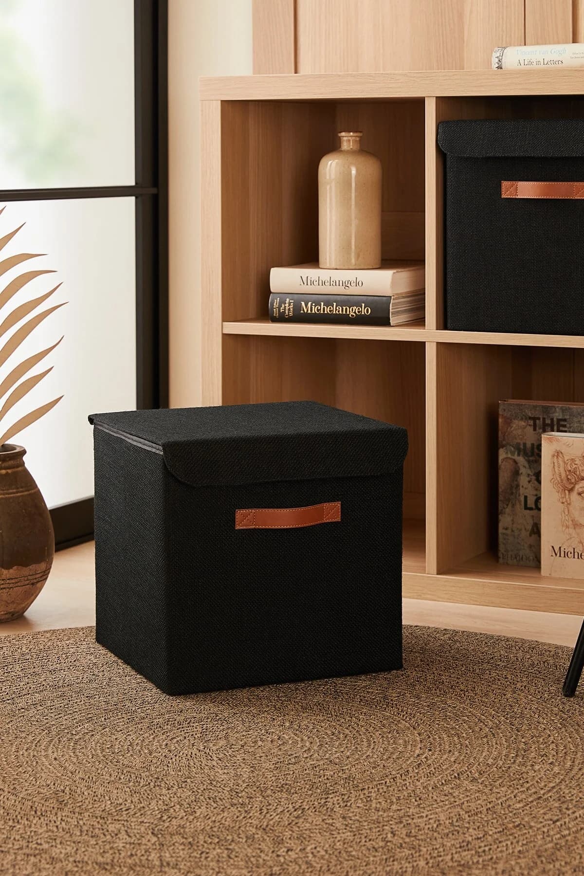 Ocean Home Textile Siyah Jüt Kapaklı Dolap İçi Çamaşır Oyuncak Düzenleyici Katlanır Saklama Kutusu 30x30x30
