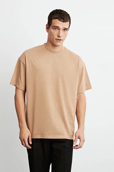 Jett Men's Oversize Fit 100% Organic Cotton Thick Textured Crew Neck Brown T-Shirt