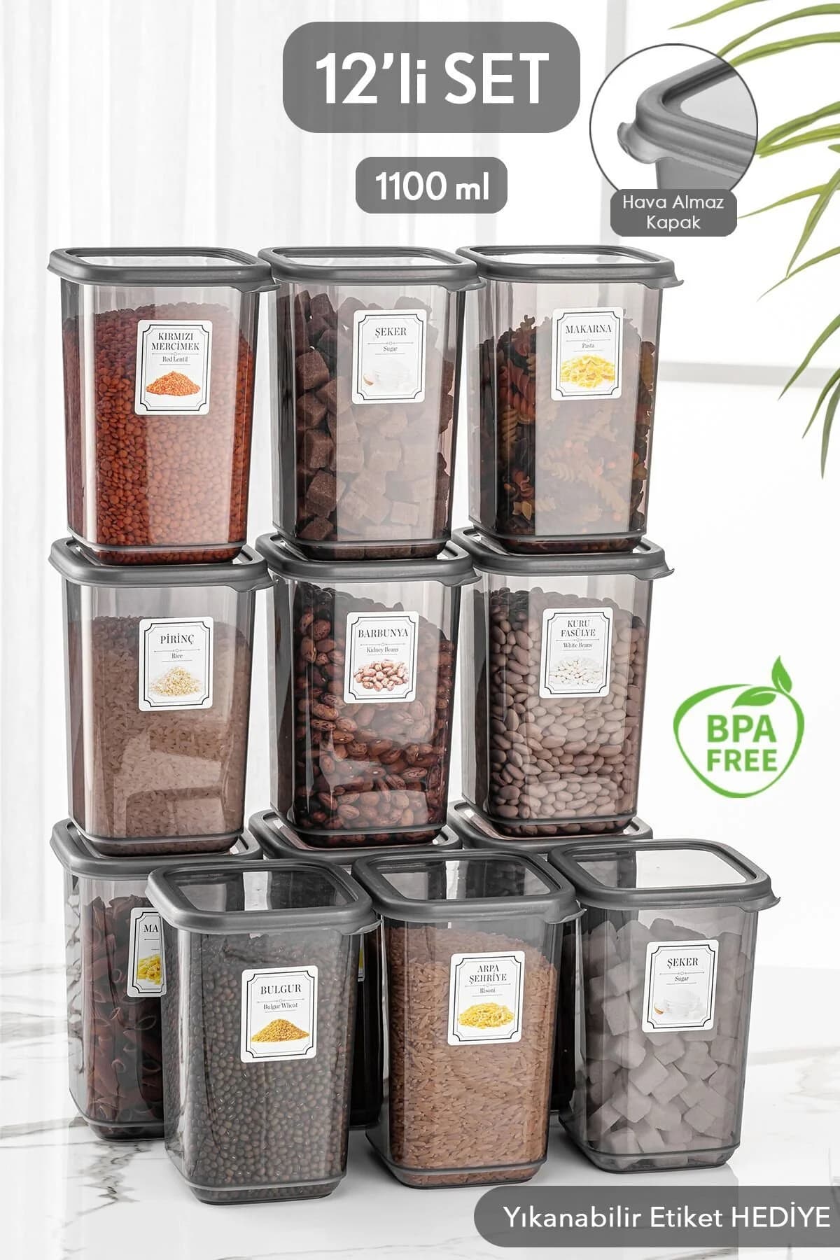Meleni Home 12'li Set Pino Etiketli Büyük Boy Kare Erzak Saklama Kabı Seti Antrasit 12 X 1.10 Lt