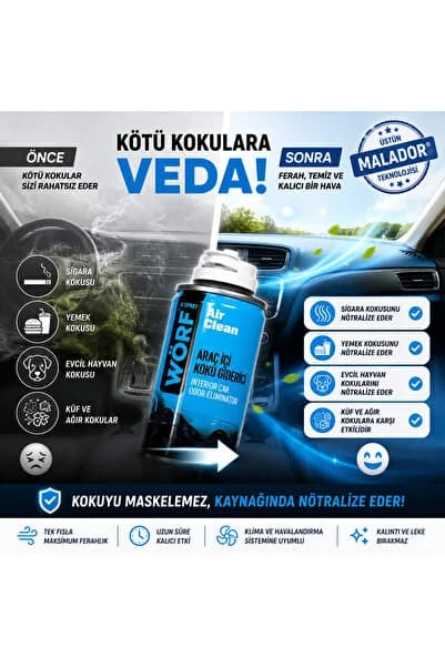 WÖRF Air Clean Araç İçi Koku Giderici 150 ml | Klima ve Oto Kötü Koku Nötralize Edici Aerosol Sprey