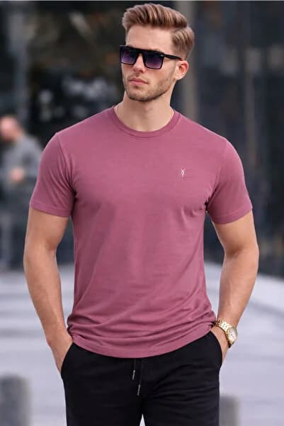 Erkek Pudra Slim Fit Bisiklet Yaka %100 Pamuk Kısa Kollu Tişört