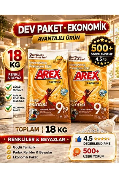 AREX "büyük Ekonomi Paketi ; Premium 18 Kg Toz Çamaşır Deterjanı, Renkli & Beyaz -2 adet premium paket