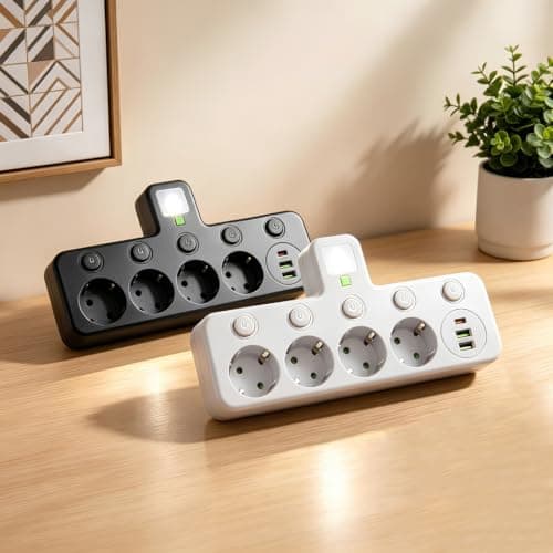 Hasuba Akım Korumalı Priz Çoklayıcı Gece Lambalı - 2500W Grup Uzatma Prizi, 4 EU Priz Girişi ve 2 Akıllı USB ve 1 Type-C Portu, Seramik Korumalı Masaüstü Şarj İstasyonu 439 (SİYAH YADA BEYAZ)
