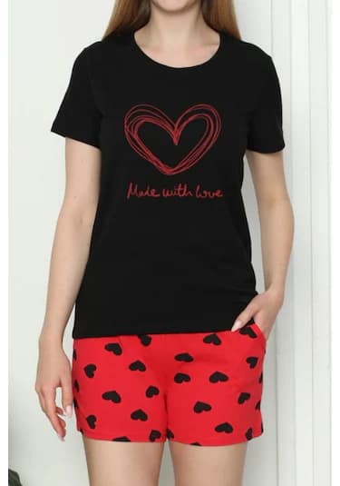 Nicoletta Nic1047 R19 Kalp Desenli Pamuklu Kısa Kol Şortlu Kadın Pijama Takımı Siyah