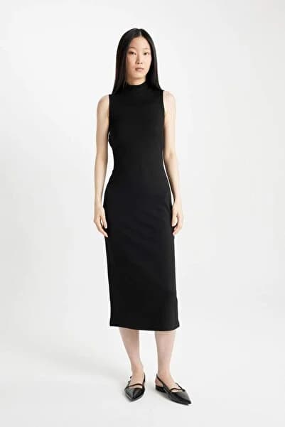 Bodycon Vücudu Saran Basic Düz Yarım Balıkçı Yaka Siyah Kolsuz Midi Elbise Y8841AZ23AU