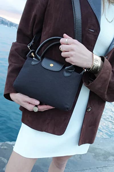 Housebags Siyah Kanvas PU Deri Kadın Çapraz Askılı Çok Yönlü Çanta