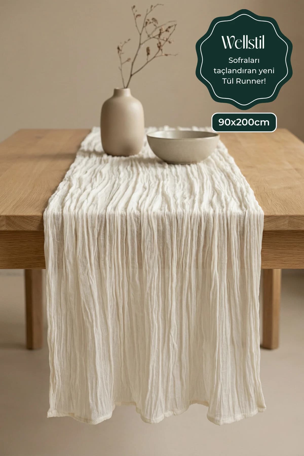Wellstil Nuvé | %100 Pamuk Tül Runner, Bohem, Düğün Nişan Organizasyon Masa Örtüsü 90 x 200 cm Bej