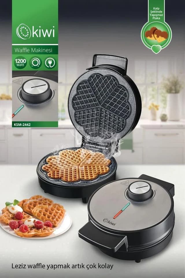 Kiwi KSM-2442 Kalp Desenli Yapışmaz Plakalı Paslanmaz Çelik Waffle Makinesi
