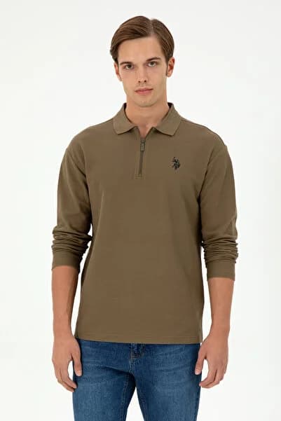 U.S. Polo Assn. Erkek Comfort Fit Yarım Fermuarlı Haki Sweatshirt 50293413-VR027