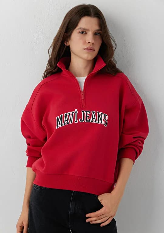 Mavi Jeans Baskılı Kırmızı Sweatshirt