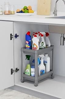 Coverest 2 Katlı Tekerlekli Düzenleyici Raf Mutfak Tezgah & Evye Altı Dolap İçi Organizer, Banyo Deterjanlık ve Şampuanlık, Çok Amaçlı Taşınabilir Sebzelik, Modern Dekoratif Mutfak Raf Ünitesi (Gri)