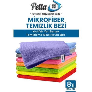 Pella 8'li Çok Amaçlı Genel Temizlik Bezi, Mikrofiber Havlu Bez 30x30 cm