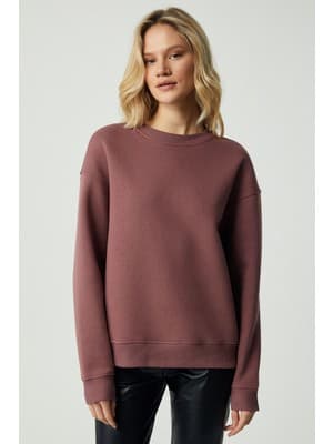 Grimelange VANELTINA Kadın Organik Pamuklu Yumuşacık İçi Polarlı Yuvarlak yakalı Mürdüm Sweatshirt