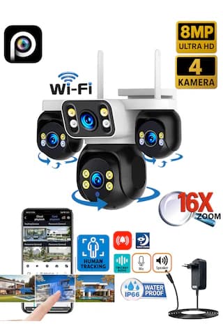 Hieasy 8mp 4 Kameralı Wifi 16x Zoom Hieasy Gece Görüş Çift Yönlü Ses Uzaktan İzleme Kişi Takibi Türkçe Es-5804