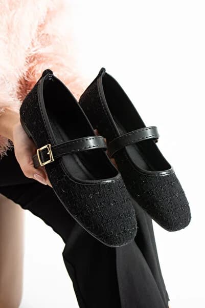 star shoes Siyah Tüvit Kumaş Kadın Babet Şık Tokalı Ortopedik Taban Günlük Ayakkabı