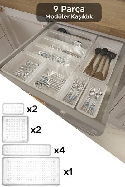 9 Parça Modüler Kaşıklık Seti - Ayarlanabilir Mutfak Çekmece İçi Düzenleyici Organizer Şeffaf