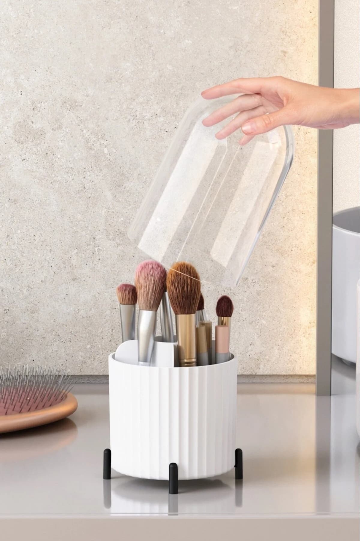 Pufwin Home Zebra Makyaj Fırçası ve Kozmetik Düzenleyici Şeffaf Kapaklı Hijyenik Organizer