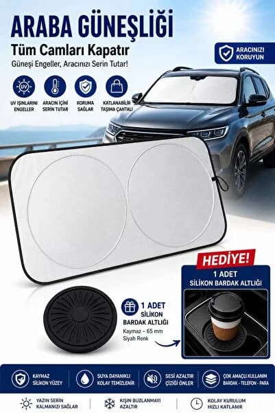 Katlanabilir Araba Ön Cam Güneşlik Metalize Isı Yalıtımlı Yazlık Araba Güneşliği - 150x70cm