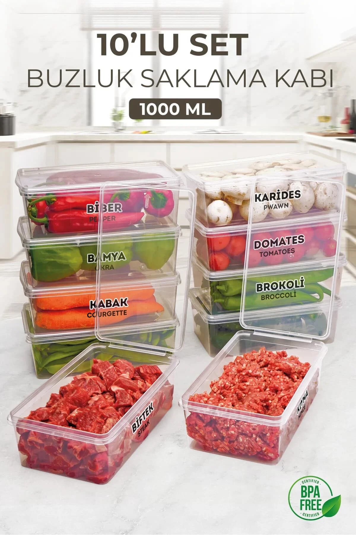 Kitchen Life 10 Adet 1000ml Kapaklı Derin Dondurucu Difriz Saklama Kabı - Buzdolabı Düzenleyici