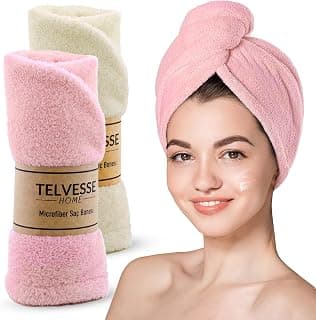 TELVESSE Mikrofiber Saç Havlusu Süper Emici Hızlı Kuruyan Türban Saç Havlusu Şapkası – Uzun Kıvırcık Kalın Saçlar İçin Duş Saç Kurutma Havlusu, Plaj Havuz Banyo Kullanım (2li Krem + Pembe)